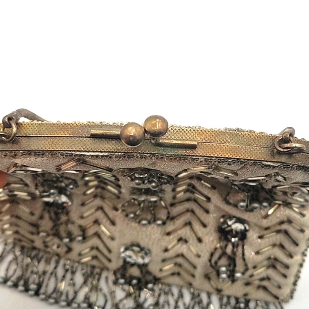 HONG KONG Vintage Beaded & Sequin Evening Purse Silver White - Picture 5 of 6